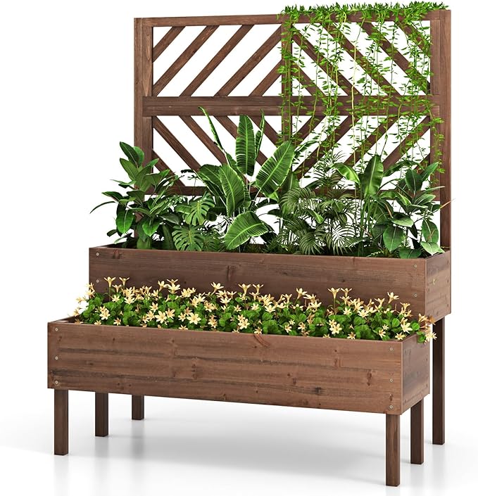 MAT EXPERT Raised Garden Bed with Trellis 2-Tier Wood Planter Box with Drainage Outlet &amp Legs Lattice Panels Vertical Planter for Patio Elevated Garden Planter for Fruit Flower Herb &amp Ve