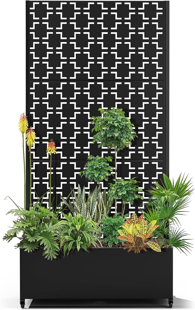 15.7×70.9×35.4 Metal Raised Garden Bed with Trellis and Wheels - Tall Trellis Planter Box for Climbing Plants Vegetables &amp Vines - Outdoor Privacy Planters for Patio (Black-Square)