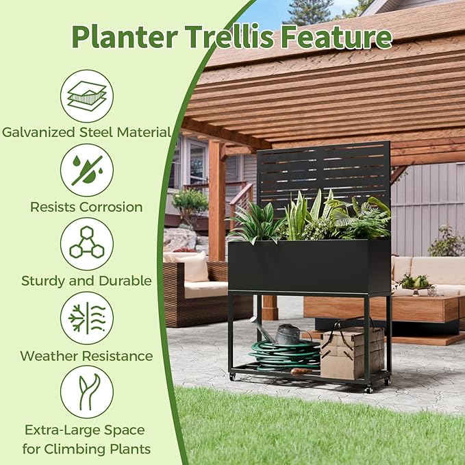 Metal Planter Box with Trellis55 H x35 W Raised Garden Beds with Privacy Screen for Climbing Plants Flower Elevated Standing Planter Garden Bed with Drainage Holes for Outdoor PatioBlack