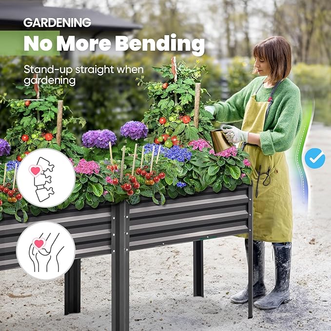 KING BIRD Raised Garden Bed with Irrigation System and Legs Galvanized Elevated Planter Box for Backyard Patio Balcony 600lb Capacity Dark Grey 70.9x22.8x31.5 in