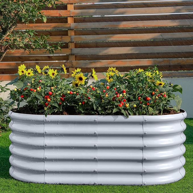 Land Guard 18“ Tall 4×2ft Galvanized Raised Garden Bed Kit Galvanized Planter Garden Boxes Outdoor Oval Large Metal Raised Garden Bed for Vegetables……… (Modern Gray 4×2×1.5ft)