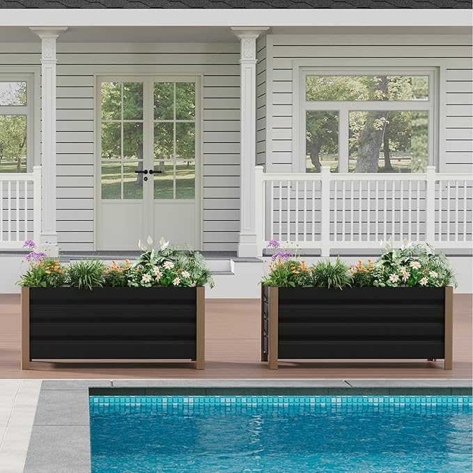 Garvee Aluminum Planter Box 24x16x18 Modern Raised Garden Bed with Rounded Corners &amp Anti-Cut Edging Deep Design with Drainage Holes for Outdoor Patio &amp Balcony Gray