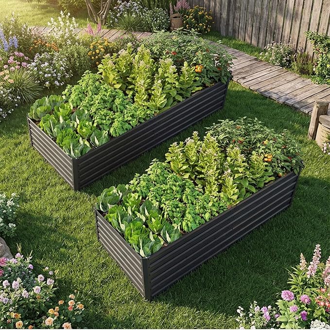 2PC Galvanized Raised Garden Bed Kit8x4x2 FT Galvanized Planter Boxes SetLarge Planter Raised Beds Outdoor Garden Rectangle Vegetable &amp Flower Beds for Herbs Fruits Planting (Black)