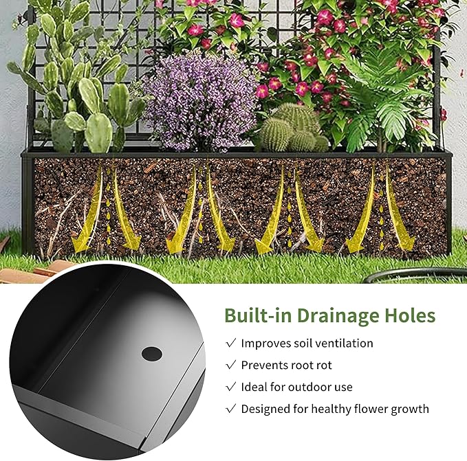 Metal Raised Garden Bed with Trellis and Privacy Screen 71×47.2×16 Planter Box with Drainage Holes for Climbing Plants Vegetables Vines Outdoor Sturdy Planter Box for Patio Backyard Black
