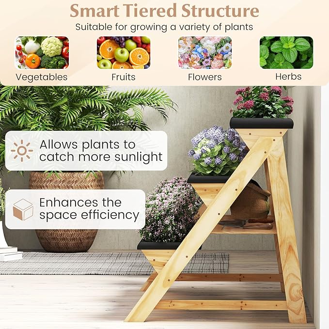Giantex 3-Tier Vertical Raised Garden Bed Wood Elevated Planter Box with Legs Storage Shelf Liners for Growing Vegetables Herbs Flowers Indoor Outdoor Freestanding Raised Bed for Patio (Natural)