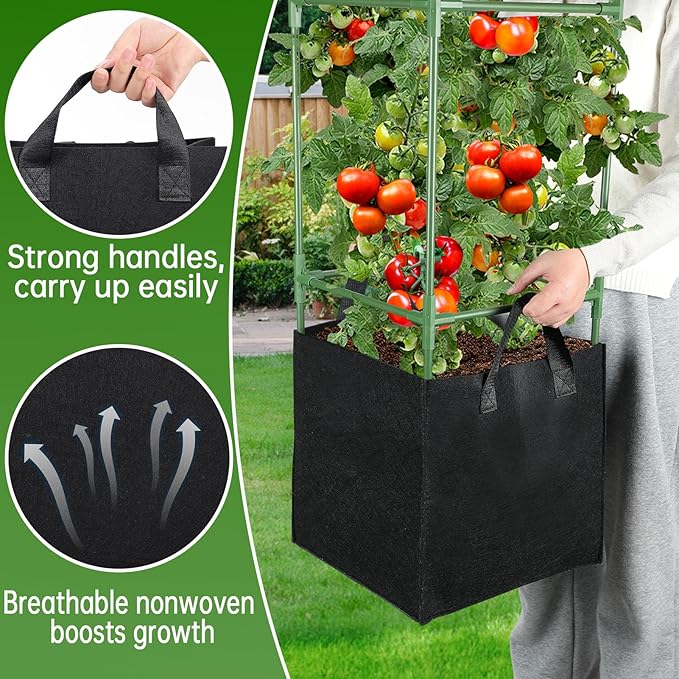 ANPHSIN 2 Sets Tomato Cages with 10 Gallon Grow Bags - 47'' Stable Plant Support Trellis Kit Square Cages with Planter Pots for Garden Flowers Vegetables Cucumber Vertical Climbing Plants Vines