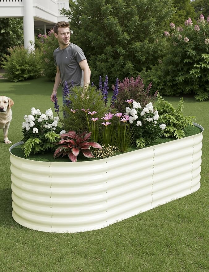 6X3X2ft Galvanized Metal Raised Garden Bed Kit Oval Deep Root Planter Box for Outdoor Vegetables/Flowers/Herbs - Open-Base Design Rust-Resistant Steel Plant Box (2 PCS Modern Beige)