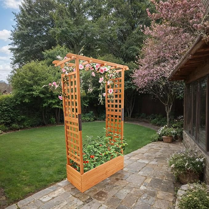 Raised Garden Bed with Wood Trellis Set of 2 Outdoor Planter Box for Tomatoes Climbing Vegetables Herbs Flowers Patio Pots Tall Hanging Roof 2 Drainage Holes Orange 42.5 L x 17.3 W x 66.1 H