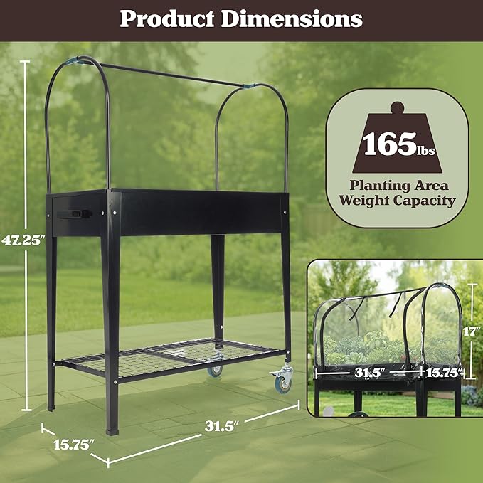 Raised Garden Bed with Cover - 31.5”x15.75”x47.25” Metal Elevated Planter Box with Legs Greenhouse Cover Wheels and Storage Shelf - for Growing Flowers Vegetables or Herbs by Pure Garden (Black)