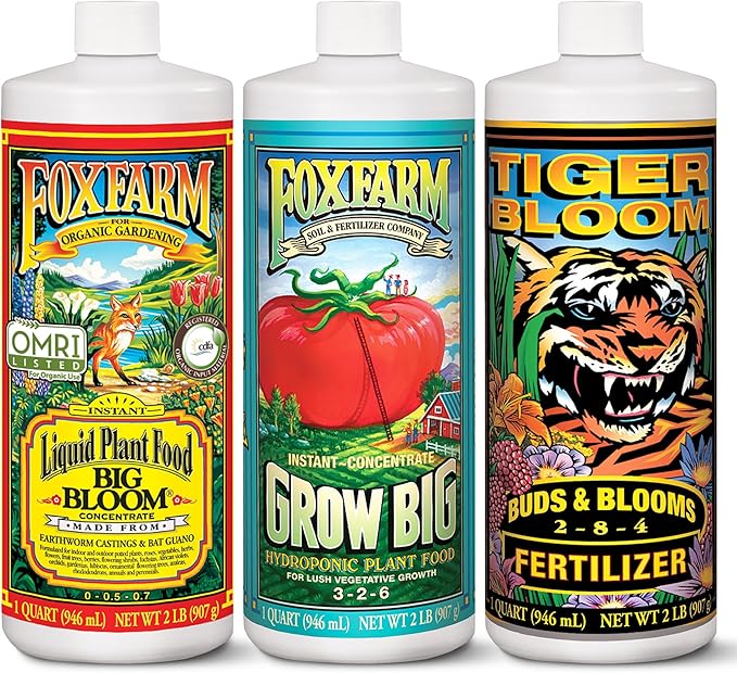 FoxFarm Hydro Liquid Trio Pack - Big Bloom Grow Big Tiger Bloom Fertilizers for Vigorous Plant Growth Bud Development &amp Abundant Fruit - Complete Hydroponic Plant Food Set - 3 Quart Bottles