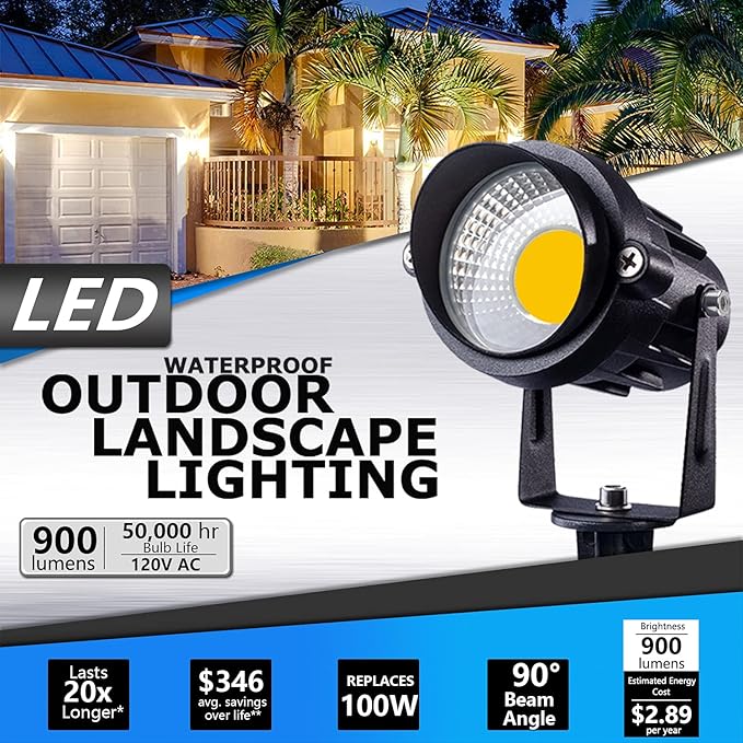 SUNVIE 120V Spot Lights Outdoor LED Landscape Lighting 12W AC Spotlights for Yard Waterproof Landscape Spotlight with Spiked Stake for Tree Garden Pathway Warm White Flag Lights US 3-Plug in 4 Pack