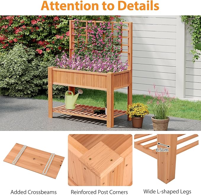 Giantex Raised Garden Bed with Trellis Wooden Elevated Planter Box with Legs Drainage Holes for Climbing Plants Vines Vegetables Flowers Herbs Outdoor Horticulture Planter for Patio Yard (Brown)
