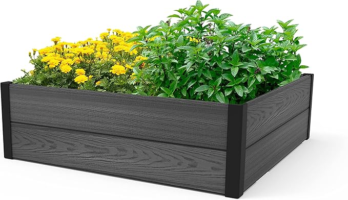 Keter 48 X 48 inches Wood Look Raised Garden Bed Durable Outdoor Herb Garden Planter for Vegetables Flowers and Succulents Grey