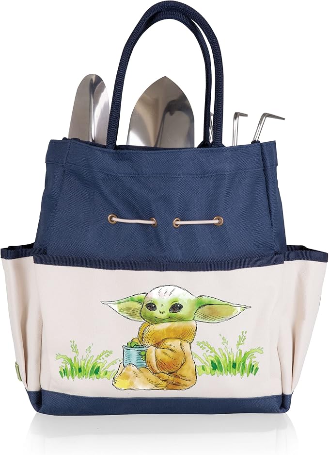 Picnic TIME Star Wars Mandalorian Grogu Garden Bag with Tool Set Garden Tool Organizer Bag Gardening Tools Gifts for Women and Men (Navy Blue with Beige Accents)