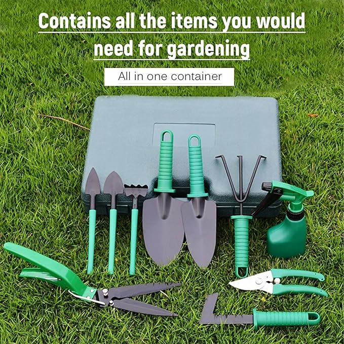 Garden Tools Set 10 PCS Garden Planting Tools Kit Stainless Steel Garden Tool Set Kit with Green Carrying Case &amp Ergonomic Handle for Weeding Loosening Soil Watering