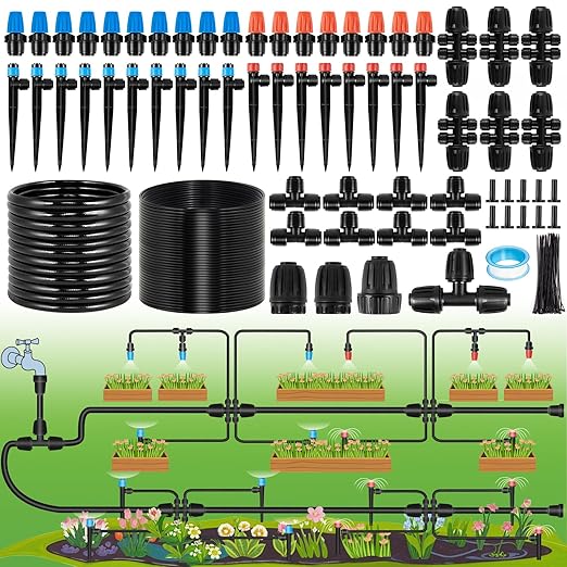 240FT Drip Irrigation System Kits - Automatic Garden Watering Sprinkler with 1/2 &amp 1/4 inch Tubing Hose Patio Misting Plant Irrigation Water Equipment Quick Connector for Greenhouse Flower Beds La