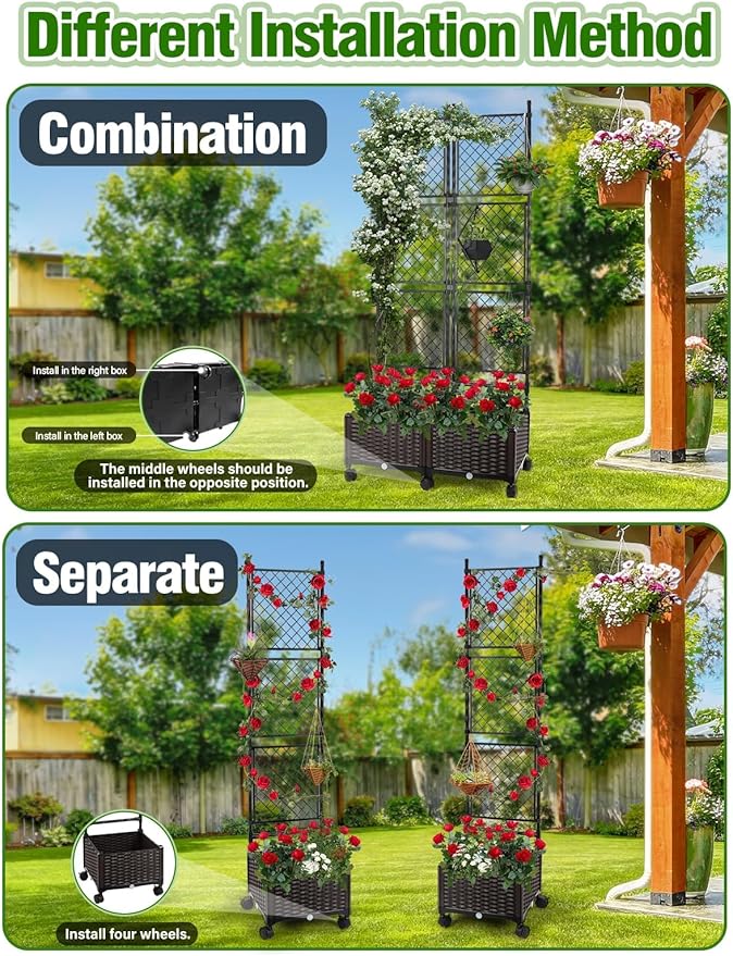 Kalolary 170CM Raised Garden Bed with Metal Trellis Large Plastic Planter Box with Drainage Hole on Wheels Tomato Planters Climbing Trellis Outdoor Indoor for Climbing Plants Vegetable Flowers Vine