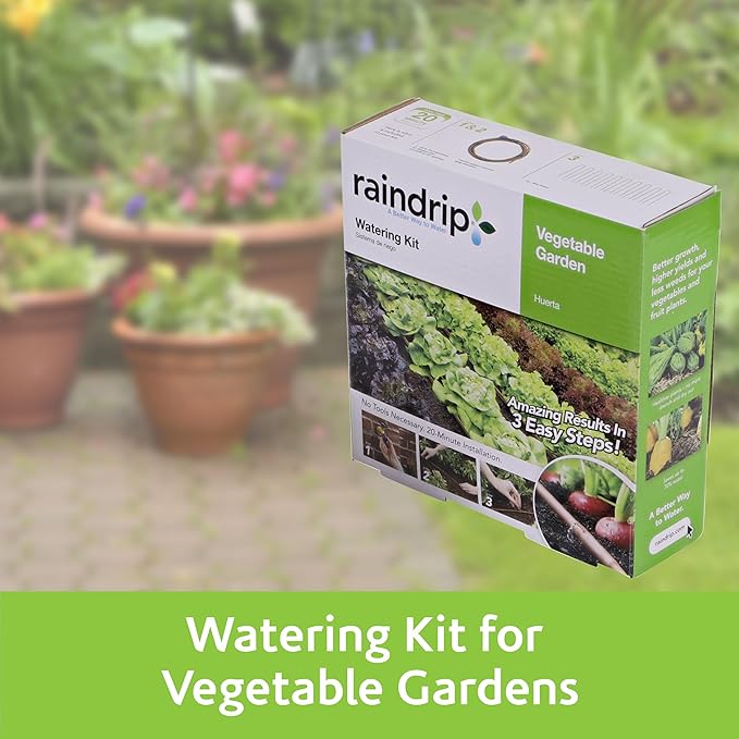 Raindrip R567DT Drip Irrigation Watering Kit for Vegetable Gardens Includes 50 feet of 1/4-Inch Dripline 3/4-Inch FHT Adapter 10 Hold-Down Stakes 1 End Plug
