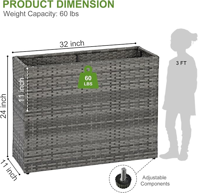 LEWIS&ampWAYNE Tall Planters for Outdoor Plants Handmade Wicker Large Rectangular Block Planter Box with Removable Liners Modern Planter for Indoor Outdoor Patio Deck - Gray