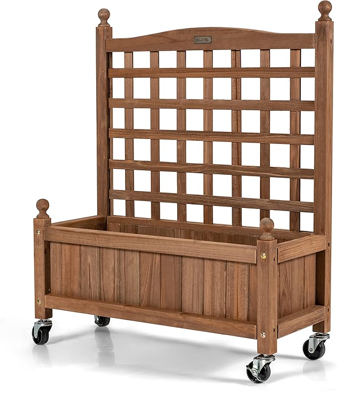 Giantex Mobile Plant Raised Bed Wood Planter with Lattice Trellis and Wheels Flower Box for Plant Climbing Vertical Garden for Balcony Patio Yard (1 25x 11x 32.5)