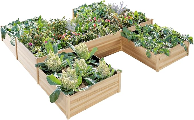 AMERLIFE Raised Garden Bed – 12x12x2 ft H-Shaped Wooden Planter Box 180 Cu. Ft Capacity Double-Layer Design for Outdoor Patio Yard and Garden Use