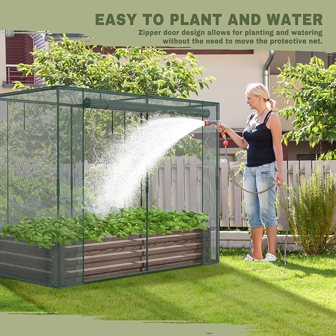 SUNYRISY Galvanized Raised Garden Bed with Protection Netting Outdoor Metal Planter Box with Plant Crop Cage Garden Box Protection for Gardening Vegetables Flowers Herbs Planting Wood Grain