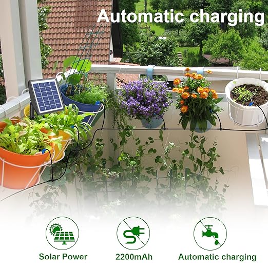 RISINGUP 49FT Solar Drip Irrigation System Auto Plant Watering Kit with Anti-Siphoning Device 750ml/min Flow with 2200mAh Battery for 15 Potted Plants Outdoor Garden Patio Balcony Greenhouse