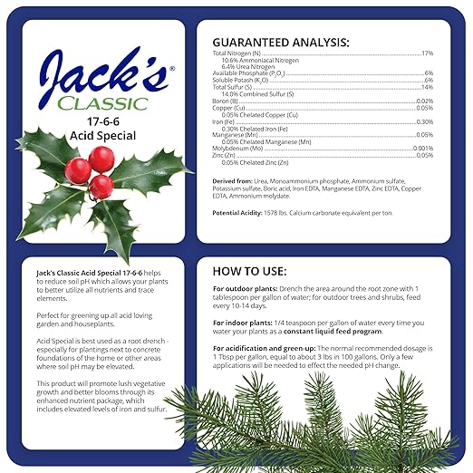 Jack's Classic 17-6-6 Acid Special Water-Soluble Fertilizer with Micronutrients to Promote Vegetative Growth and Blooms in Acid Loving Plants 4lbs