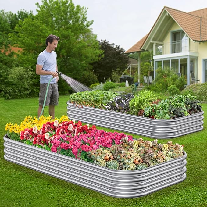 2 PCS 10x2x1/8x4x1/6x6x1ft Outdoor Galvanized Backyard Metal Raised Garden Bed for Flowers 9 in 1 Adjustable Raised Planter Box for Plant