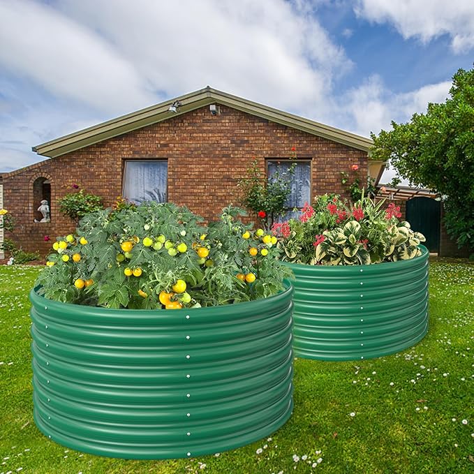 FRIZIONE 2-Pack 3FT(D) x2FT(H) Round Raised Garden Bed Outdoor Raised Garden Beds for Flower Raised Planter Box Outdoor for Herb Vegetable-Dark Green