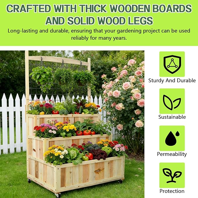 3-Tiers Raised Garden Bed with Trellis 53 H Vertical Planter Box with Wheels &amp Back Storage Area for Flowers Vegetables Herbs Natural (31 L x 24 W x 53 H)