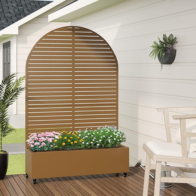 Casaphoria Metal Raised Garden Bed with Trellis and Wheels 72x47x16 Arched Planter Box for Climbing Plants Vegetables &amp Vines Features Drainage Holes and Privacy Screen (Brown-Louvered)