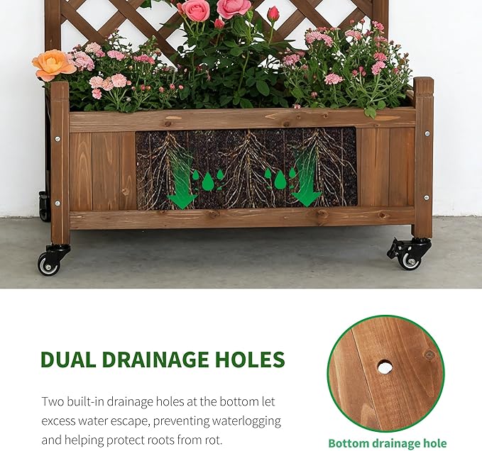 2 Pcs Wooden Planter Boxes with Trellis: Four Universal Wheels for Easy Mobility 37.6 H x 27.5 W x 13 DPerfect for Outdoor Climbing Plants on Patios Balconies &amp Gardens