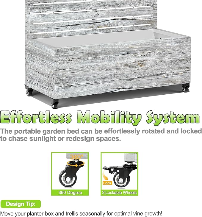 15.7×70.9×35.4 Metal Raised Garden Bed with Trellis and Wheels - Tall Trellis Planter Box for Climbing Plants Vegetables &amp Vines - Outdoor Privacy Planters for Patio (White Oak Grain)