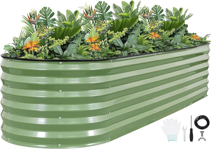 G GOOD GAIN Raised Garden Beds - 8x2x1.4ft Galvanized Planter Boxes Kit with Protective Tape &amp Gloves &amp Tools | Oval Metal Outdoor Raised Bed for Gardening Vegetables Fruits Flowers Herbs