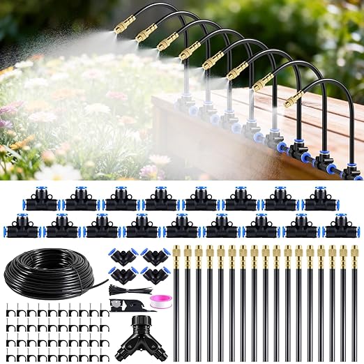 100FT Drip Irrigation SystemGarden Watering System with 17 Copper Nozzles&amp1/4 Tubing 360° Adjustable Irrigation System for GardenAutomatic sprinklers for YardRaised Beds&ampGreenhouse