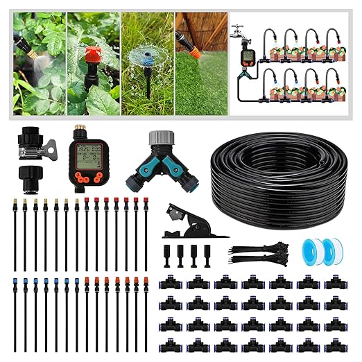 100FT Drip Irrigation Kit - 28 Adjustable 360° Nozzles &amp T-Connectors for Garden Lawn &amp Plant Watering System