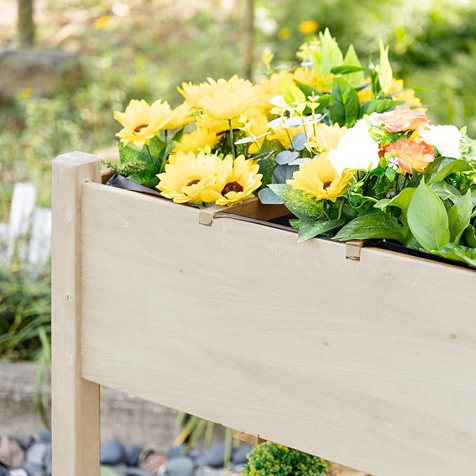 Outsunny Raised Garden Bed with 8 Grow Grids Wooden Outdoor Plant Box Stand with Folding Side Table and Wheels 49 x 21 x 34 for Vegetables Flowers Herbs Natural