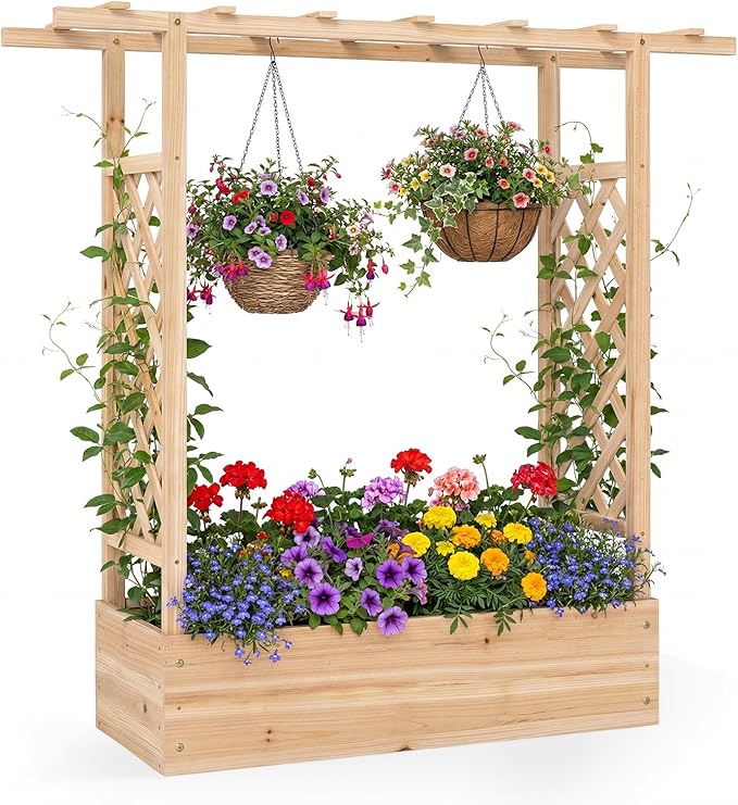 HAPPYGRILL Raised Garden Bed with Trellis &amp Hanging Roof 45 Tall Wooden Planter Box with Drainage Holes Outdoor Wood Elevated Garden Bed for Climbing Plants Vines Vegetables Flowers (Natural1)