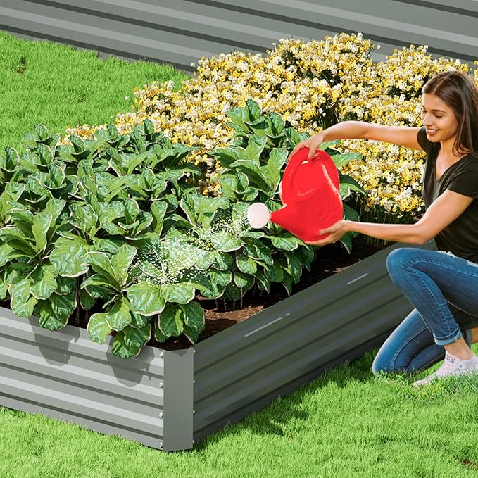 Magshion Raised Garden Bed 8 x 4 x 1 ft Galvanized Gardening Planter Box Open Bottom Design for Elevated Vegetables Flowers &amp Herbs Anti-Rust &amp Easy to Assemble Silver