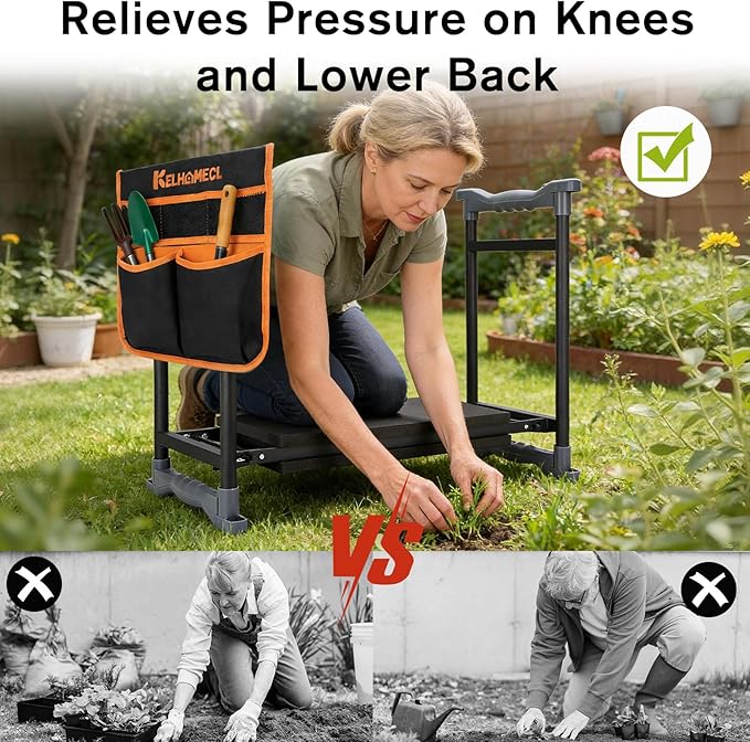 Garden Kneeler and Seat with Umbrella 2-in-1 Foldable Gardening Stool with Adjustable Bracket Detachable Tool Bags Heavy Duty Kneeling Pad for Gardening (Black Orange)