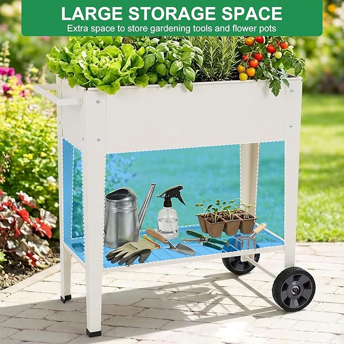 Elevated 32 Tall Raised Garden Bed with Legs and Wheels for Mobility Metal Planter Boxes Outdoor with Shelf Raised Bed for Gardening Vegetables/Herbs Backyard Patio Balcony White