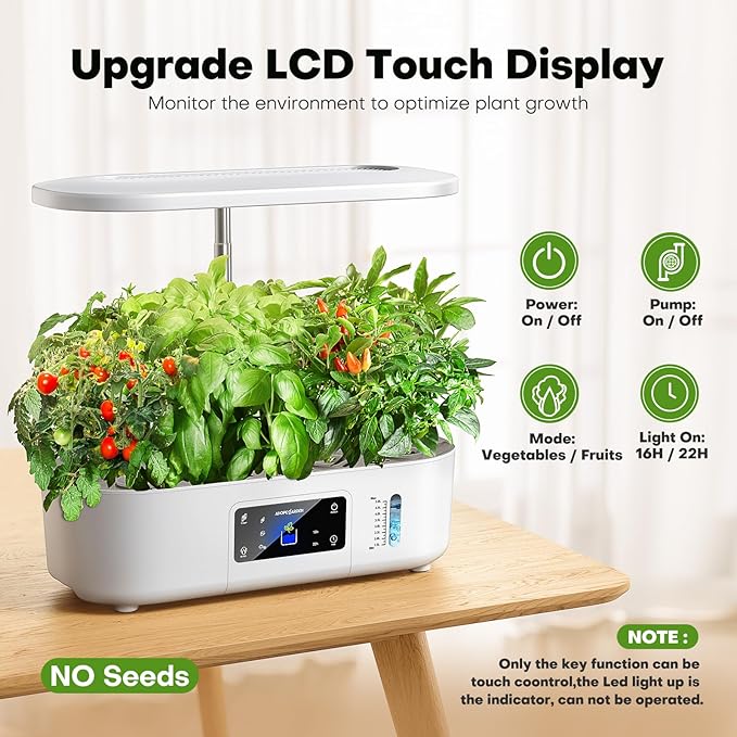 Ahopegarden Hydroponics Growing System Kit Indoor Herb Garden with Grow Light 12 Pods with LCD Touch Panel Hydroponic Planter Planting Height Up to 17 Grower Harvest Fresh Veggie Lettuce White