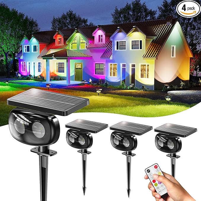 Solar Spot Lights Outdoor Waterproof IP68 RGB Colors Changing Solar Lights with 4 Lighting Modes Solar Powered Lights Outdoor for Garden Yard Pathway Landscape (4Pack)