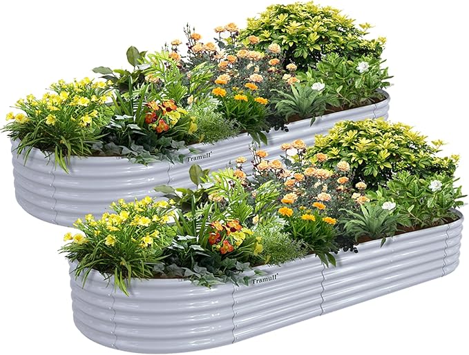 2 Pack 8x3x1.5FT Galvanized Raised Garden Bed Kit Oval Metal Ground Planter Box Outdoor Bottomless Planter Raised Beds for Vegetables Flowers Herbs Fruits Gray