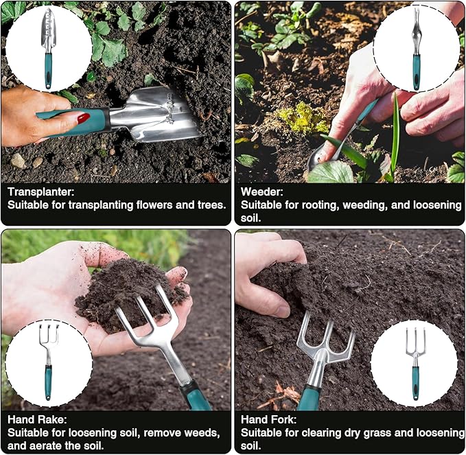 Garden Tools Gardening Tool Set with Non-Slip Handles Lightweight Aluminum Alloy Rust-Proof Gardening Hand Tools with Gloves Ideal Gardening Tools Gifts for Women and Men (11 Pcs)