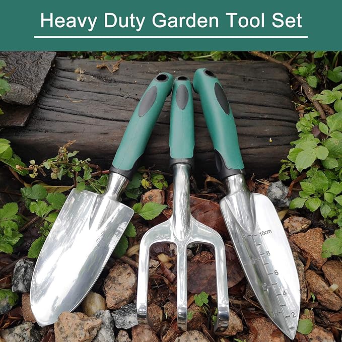 FANHAO Garden Tools Set 3 Piece Heavy Duty Gardening Tools Cast Aluminum with Soft Rubberized Non-Slip Handle Durable Garden Hand Tools Garden Gifts for Men Women
