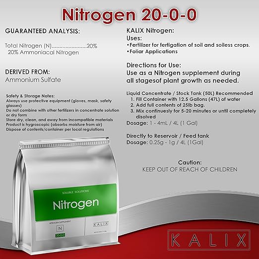 KALIX Nitrogen | 21-0-0 Ammonium Sulfate Fertilizer | Water-Soluble Nutrient for Vegetative Growth | Boosts Leafy Greens Lawns and High-N Demand Crops | Clean Feeding | 25 pounds