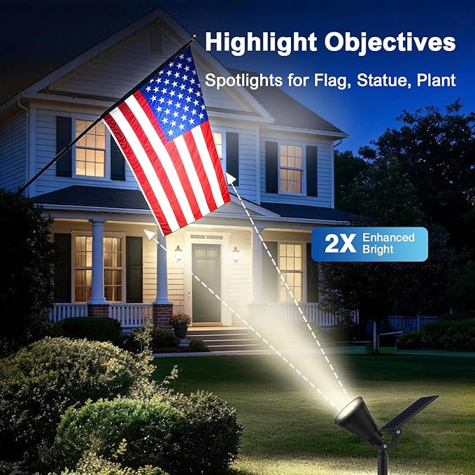 Solar Lights Outdoor Waterproof IP656500K Super Bright LED2 Lighting Modes Solar Powered Yard Garden Solar Spot Lights for Flag Landscape Auto On/Off-4 Pack