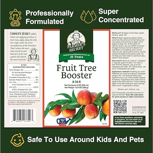 Farmer's Secret Fruit Tree Booster Fertilizer (32oz) - Super Concentrated and Phosphorus Rich - Formulated for All Fruit Trees Including Peach Banana and Apple
